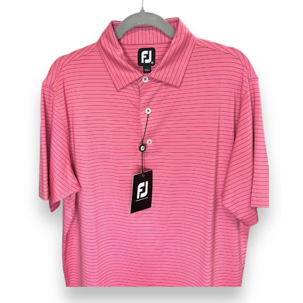 FJ Foot Joy Short Sleeve Golf Shirt Pink Blue Striped Men’s Polo Size S